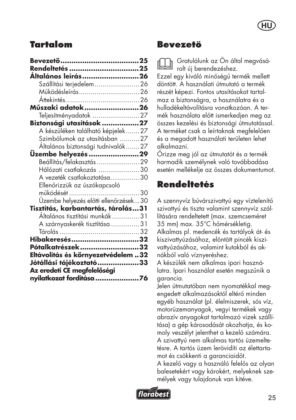 Bevezetö, Rendeltetés, Tartalom | Florabest FTS 1100 B2 User Manual | Page 25 / 78