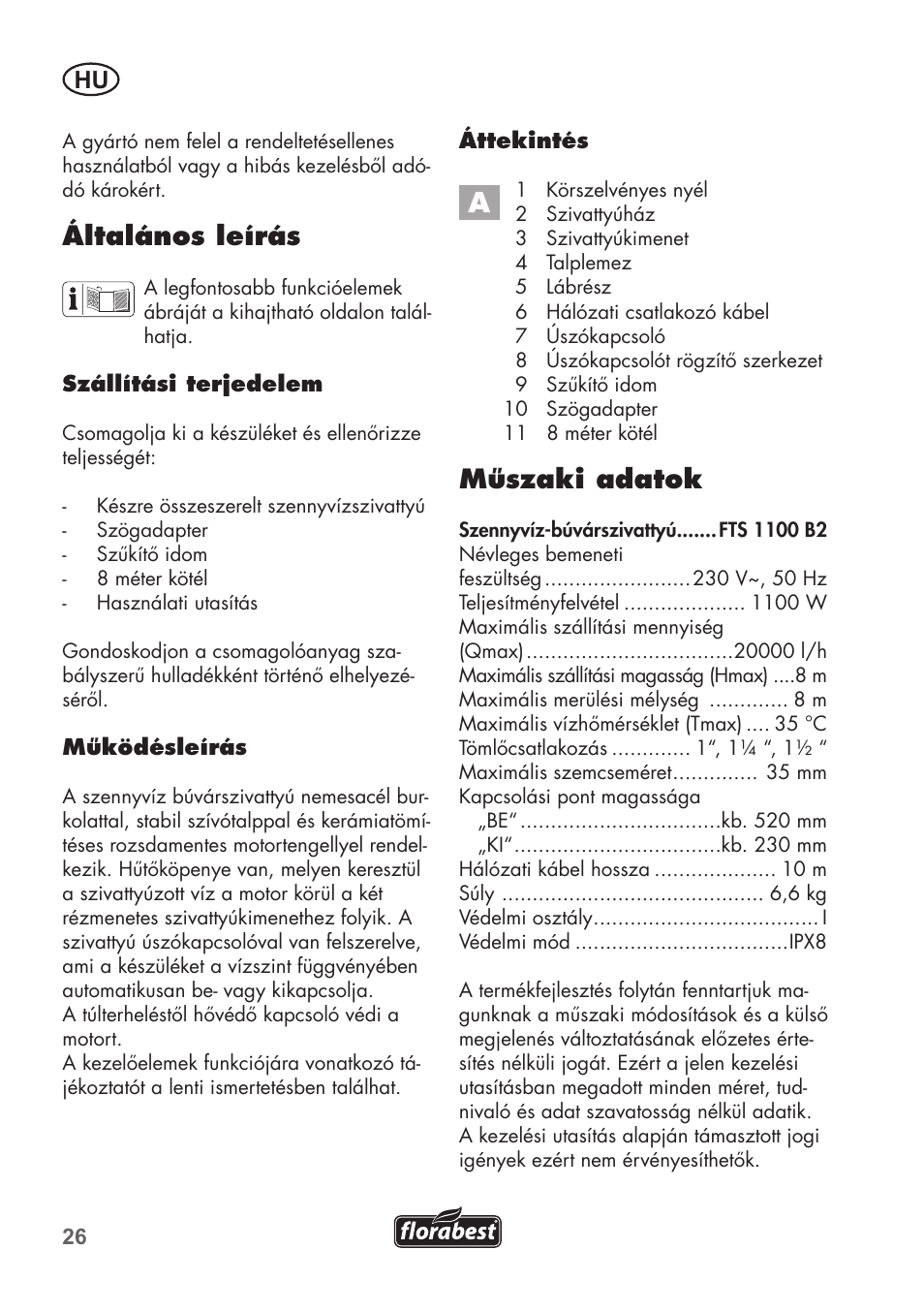 Műszaki adatok, Általános leírás | Florabest FTS 1100 B2 User Manual | Page 26 / 78
