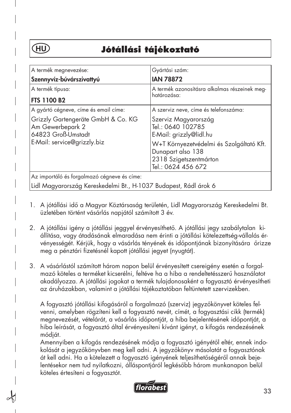 Jótállási tájékoztató | Florabest FTS 1100 B2 User Manual | Page 33 / 78