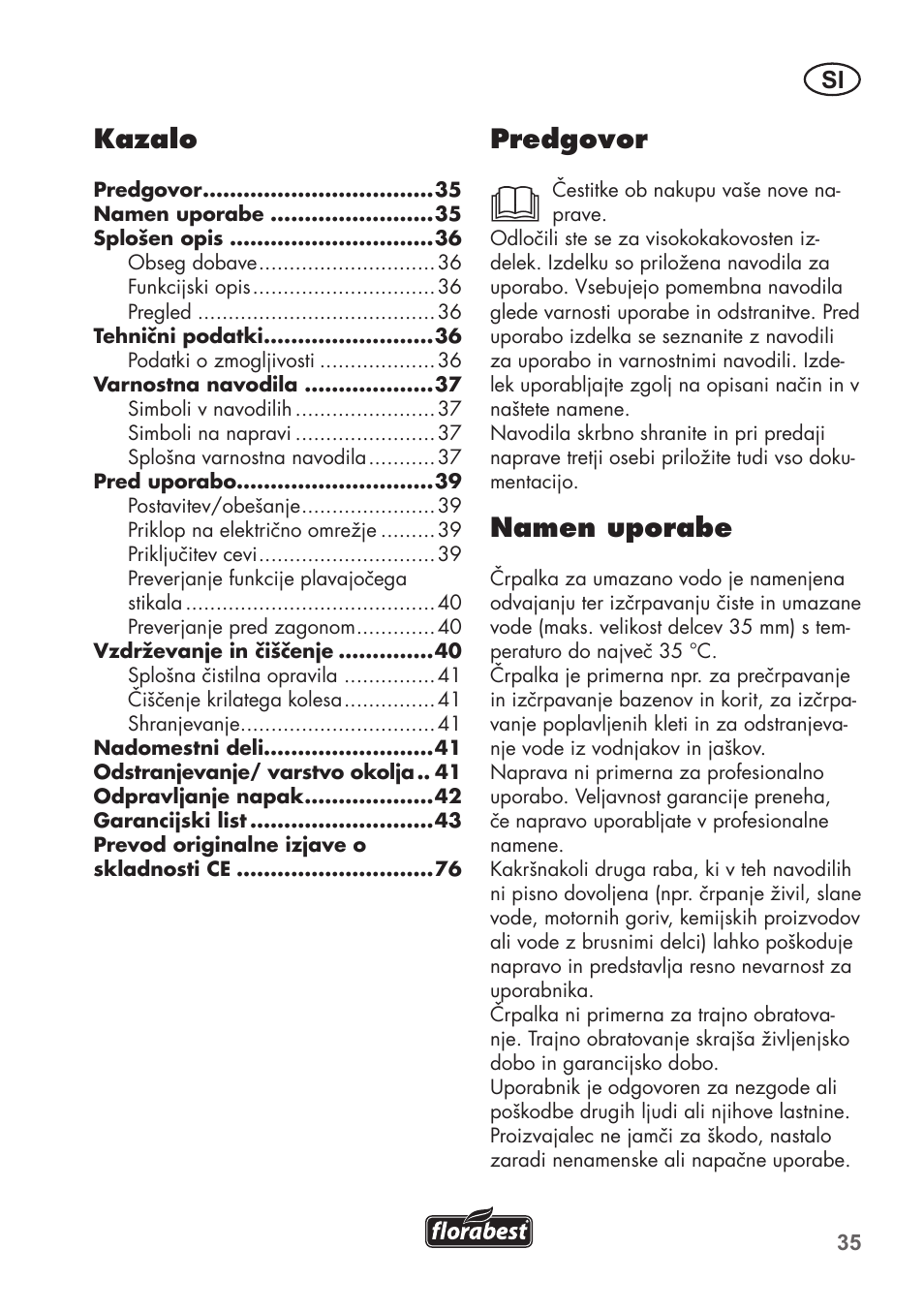 Predgovor, Namen uporabe, Kazalo | Florabest FTS 1100 B2 User Manual | Page 35 / 78