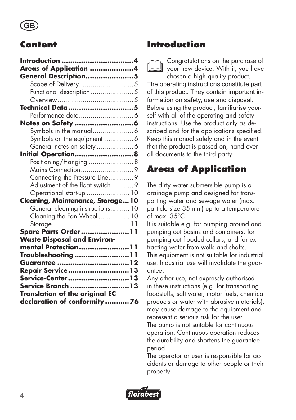 Introduction, Areas of application, Content | Florabest FTS 1100 B2 User Manual | Page 4 / 78