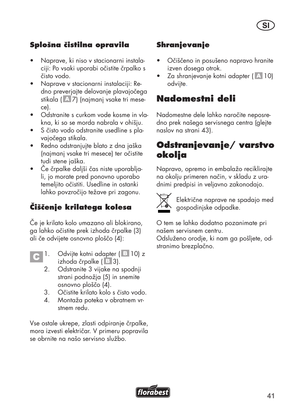 Nadomestni deli, Odstranjevanje/ varstvo okolja | Florabest FTS 1100 B2 User Manual | Page 41 / 78
