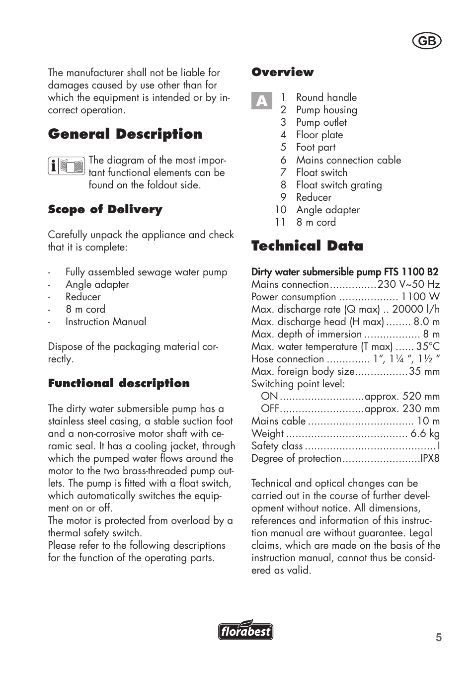 Technical data, General description | Florabest FTS 1100 B2 User Manual | Page 5 / 78