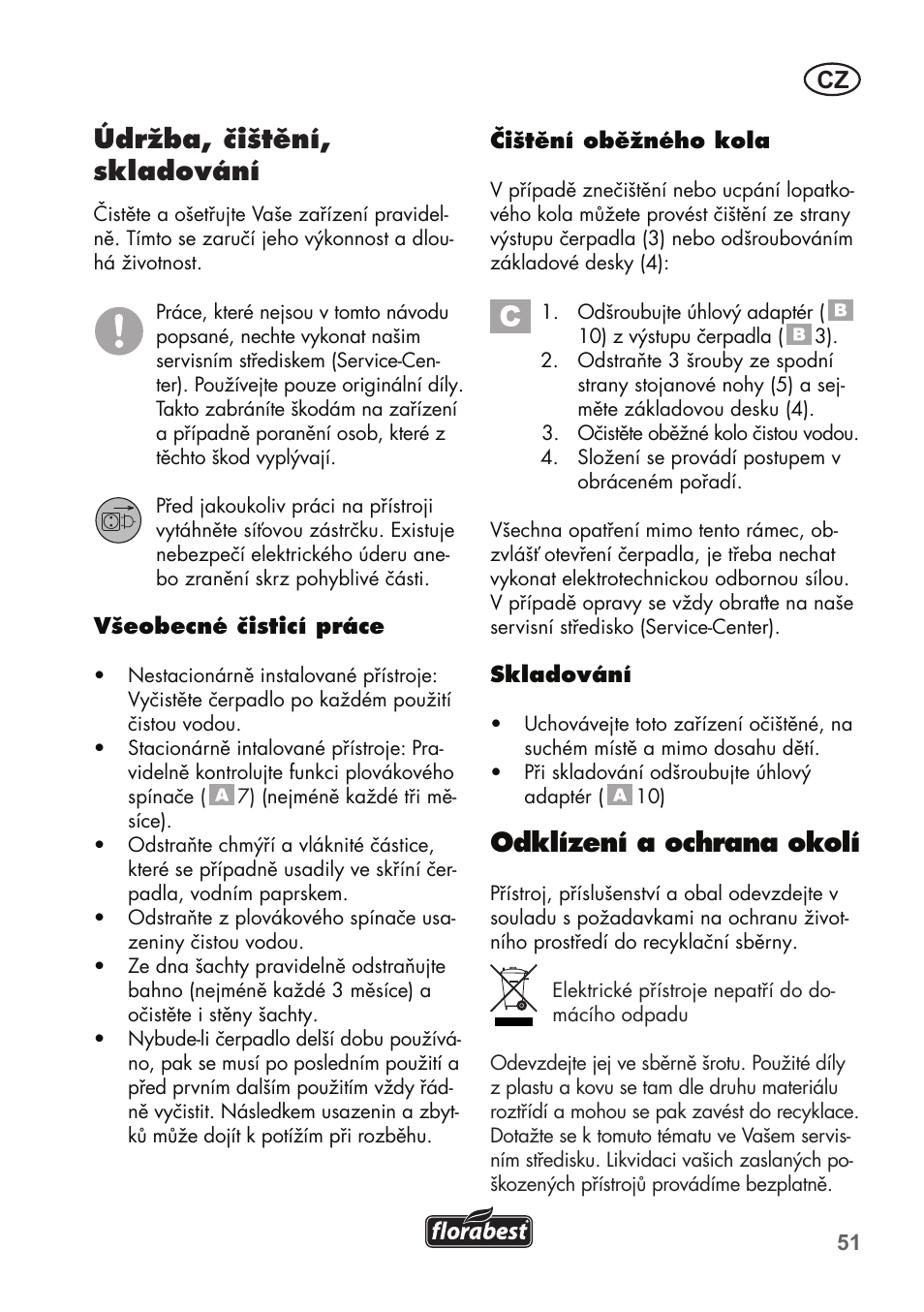 Údržba, čištění, skladování, Odklízení a ochrana okolí | Florabest FTS 1100 B2 User Manual | Page 51 / 78