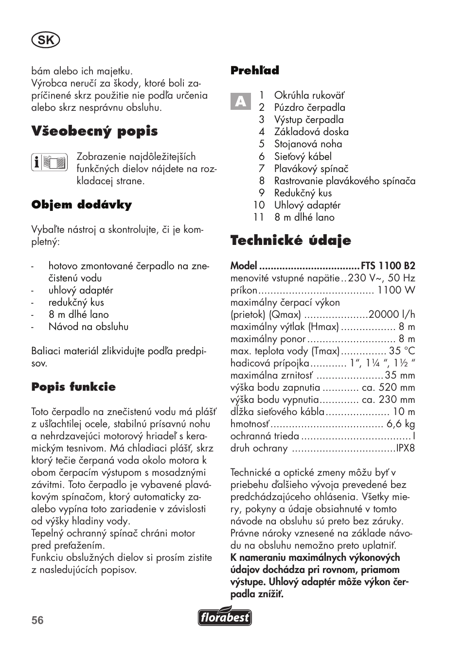 Technické údaje, Všeobecný popis | Florabest FTS 1100 B2 User Manual | Page 56 / 78