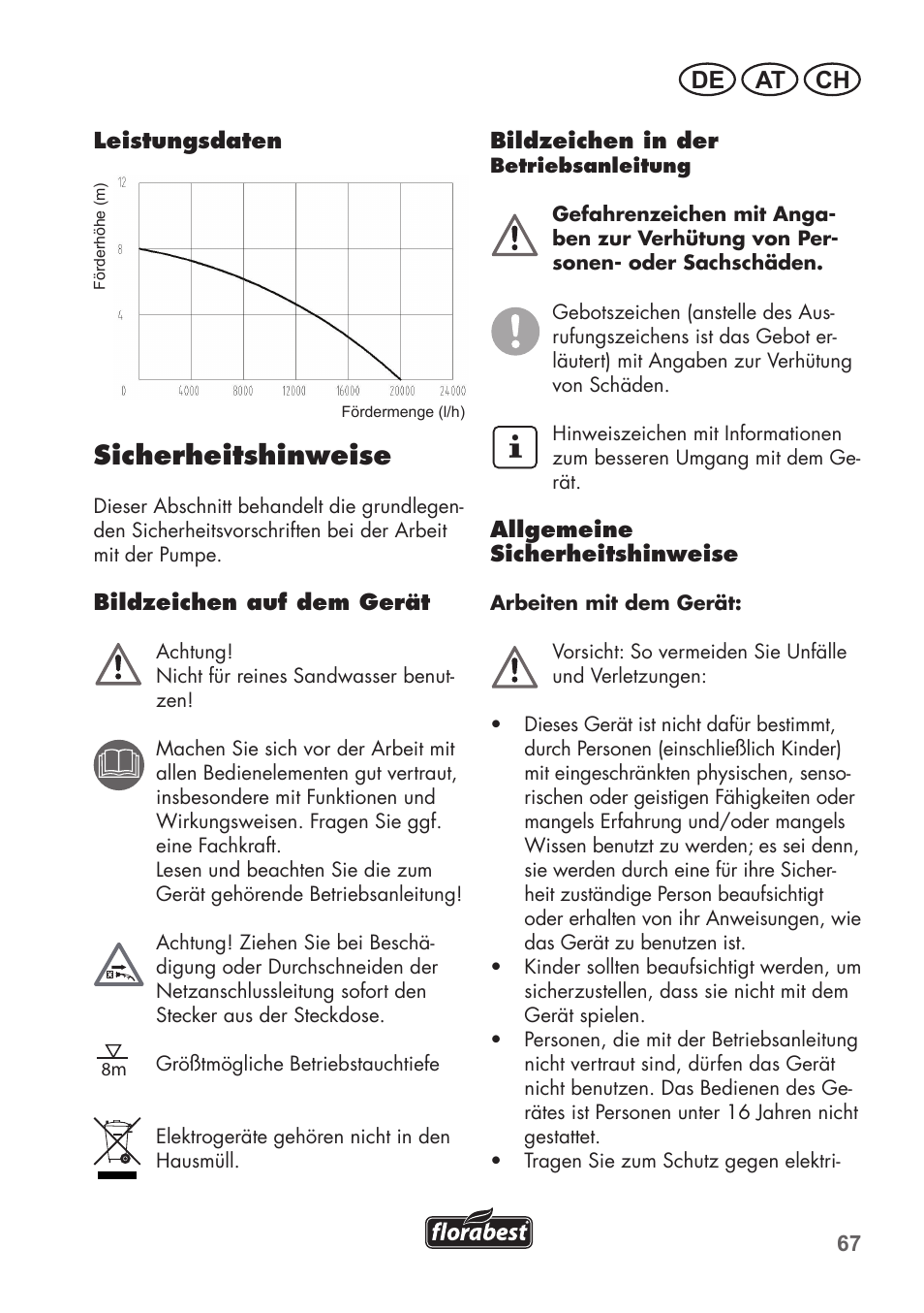 Sicherheitshinweise, De at ch | Florabest FTS 1100 B2 User Manual | Page 67 / 78