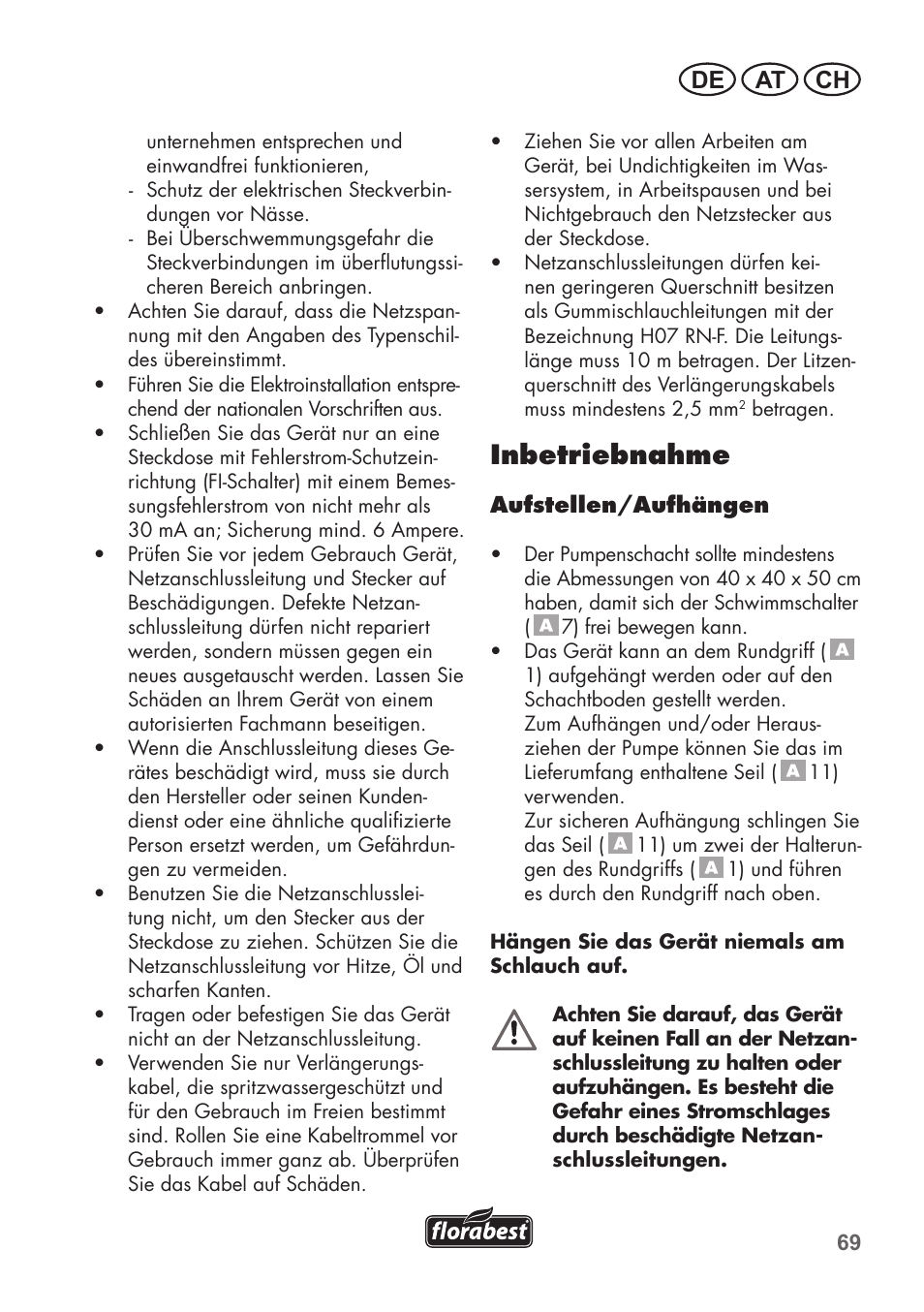 Inbetriebnahme, De at ch | Florabest FTS 1100 B2 User Manual | Page 69 / 78