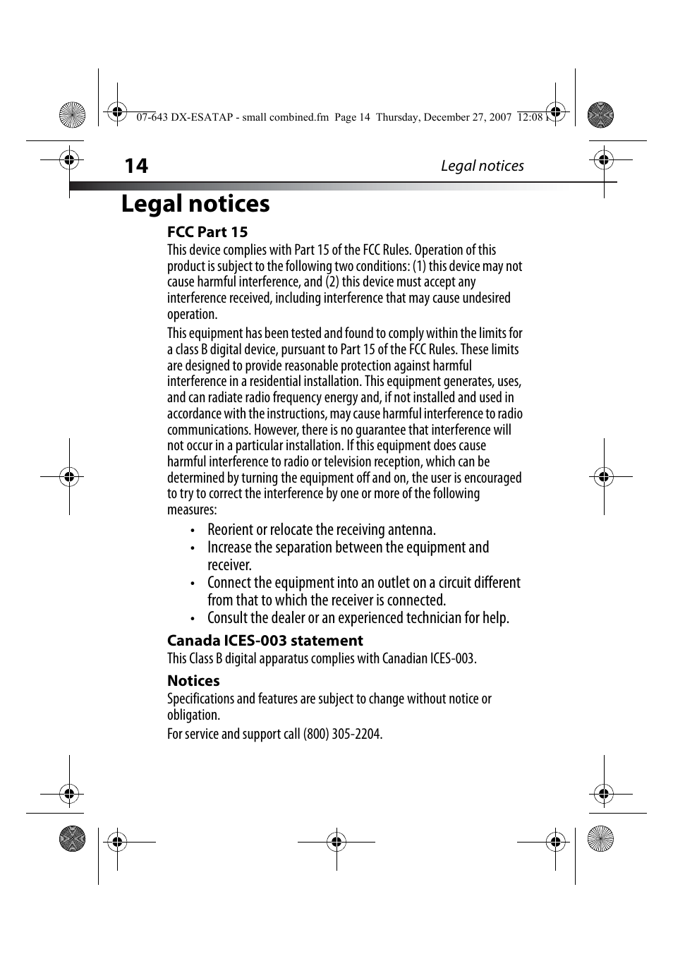 Legal notices, Fcc part 15, Canada ices-003 statement | Notices | Dynex DX-ESATAP User Manual | Page 14 / 52