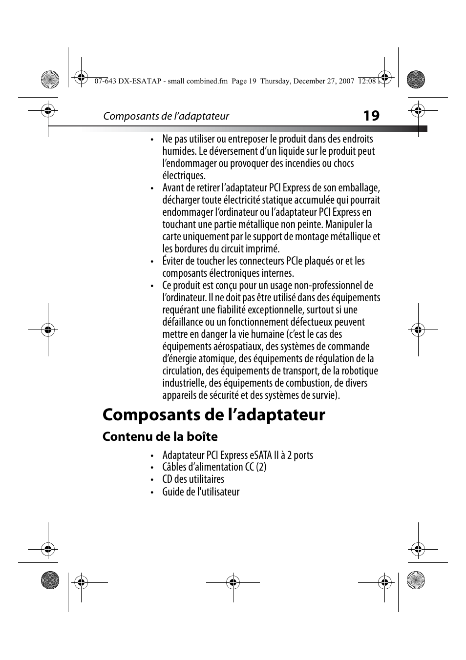 Composants de l’adaptateur, Contenu de la boîte | Dynex DX-ESATAP User Manual | Page 19 / 52
