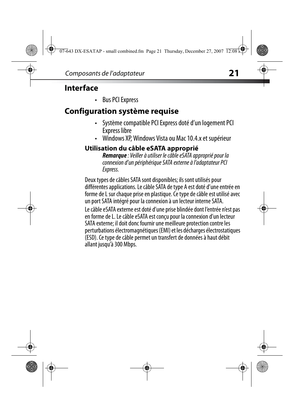 Interface, Configuration système requise, Utilisation du câble esata approprié | Dynex DX-ESATAP User Manual | Page 21 / 52