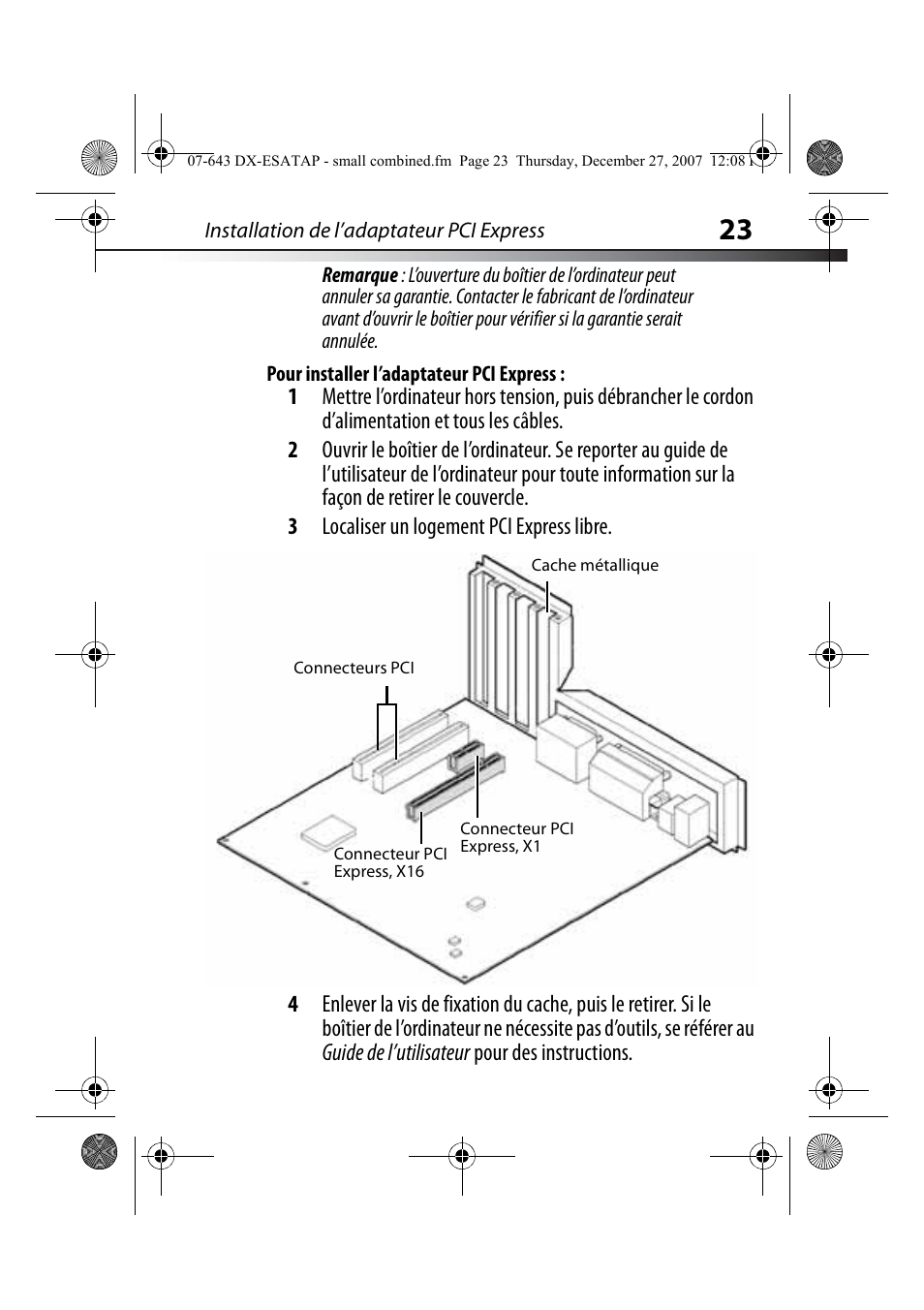 Pour installer l’adaptateur pci express | Dynex DX-ESATAP User Manual | Page 23 / 52
