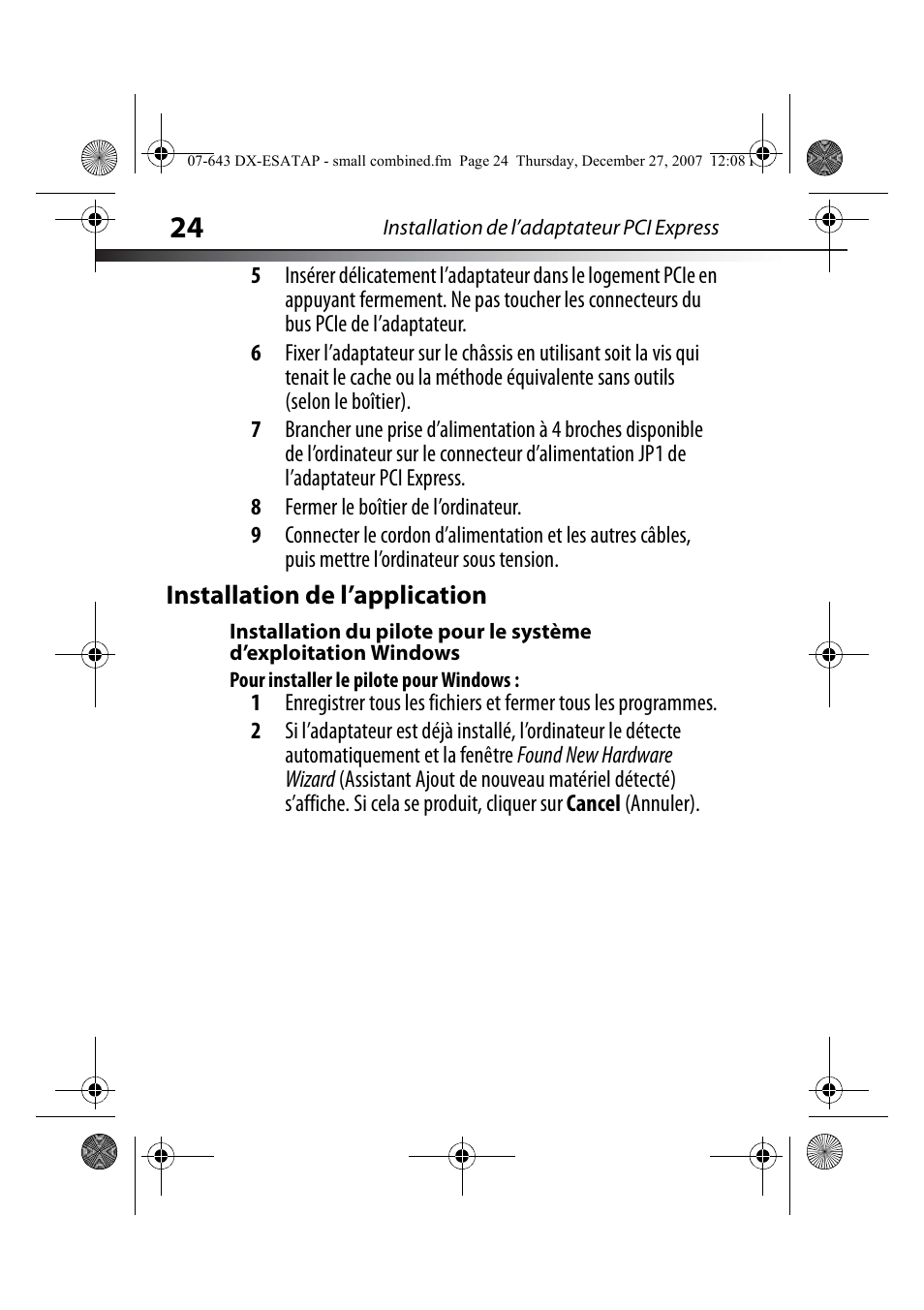 Installation de l’application, Pour installer le pilote pour windows | Dynex DX-ESATAP User Manual | Page 24 / 52