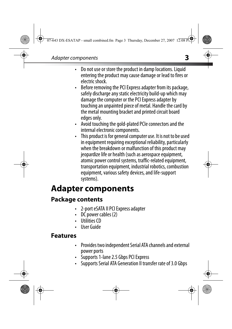 Adapter components, Package contents, Features | Adapter components features | Dynex DX-ESATAP User Manual | Page 3 / 52