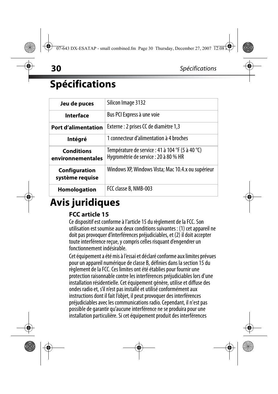 Spécifications, Avis juridiques, Fcc article 15 | Spécifications avis juridiques | Dynex DX-ESATAP User Manual | Page 30 / 52