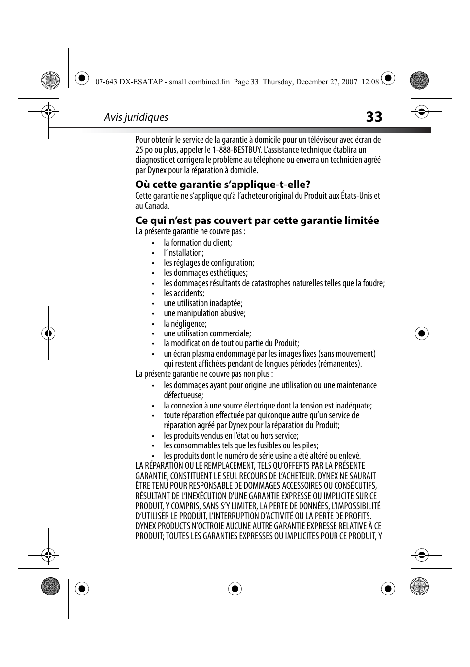 Où cette garantie s’applique-t-elle | Dynex DX-ESATAP User Manual | Page 33 / 52