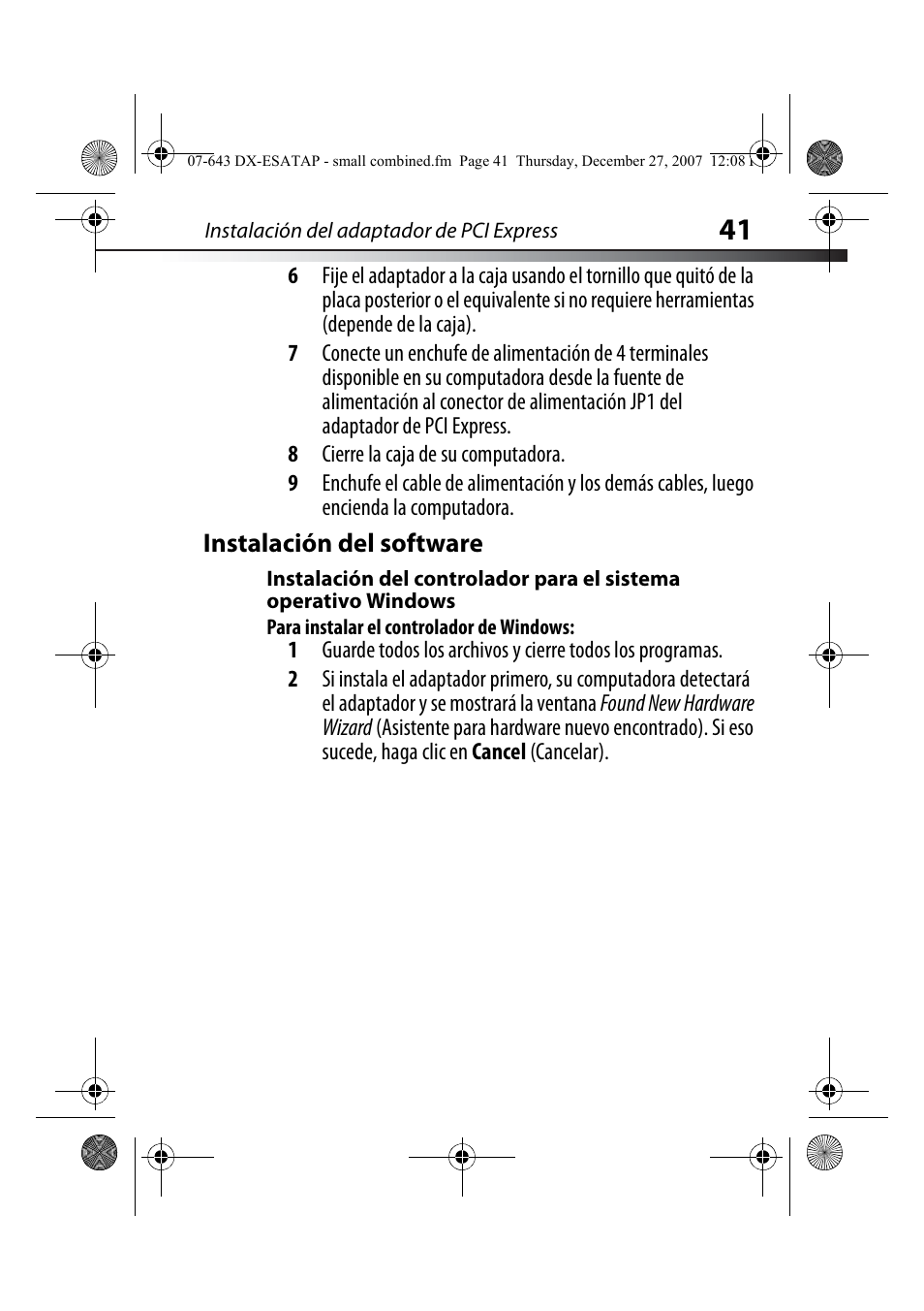 Instalación del software, Para instalar el controlador de windows | Dynex DX-ESATAP User Manual | Page 41 / 52