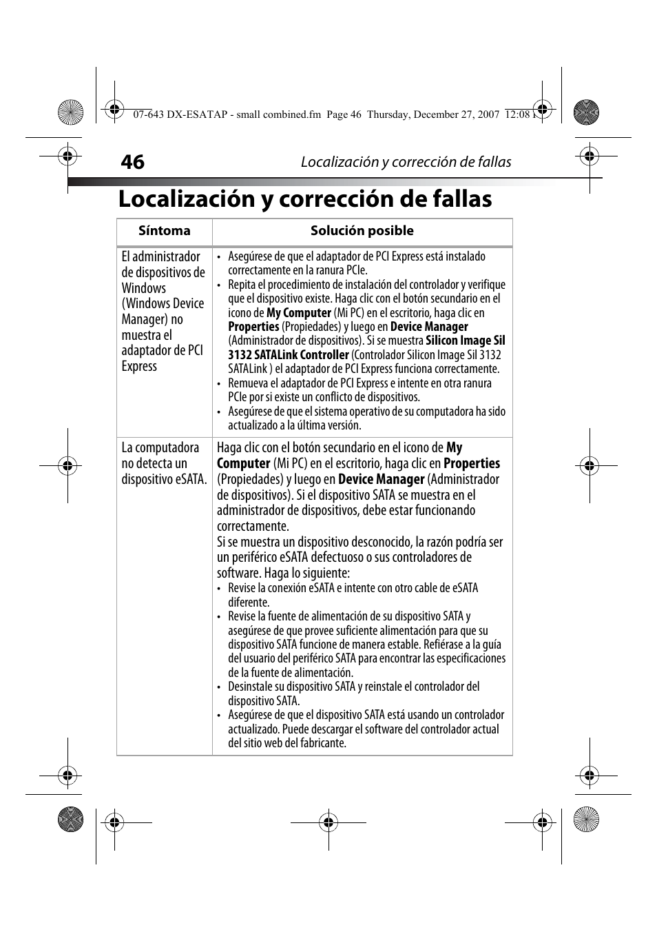Localización y corrección de fallas | Dynex DX-ESATAP User Manual | Page 46 / 52