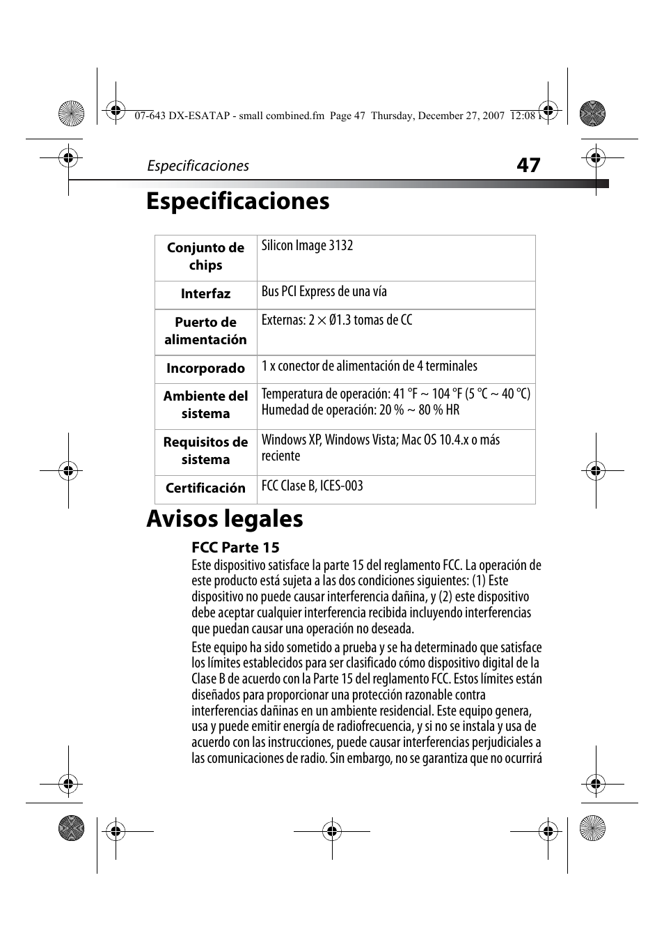 Especificaciones, Avisos legales, Fcc parte 15 | Especificaciones avisos legales | Dynex DX-ESATAP User Manual | Page 47 / 52
