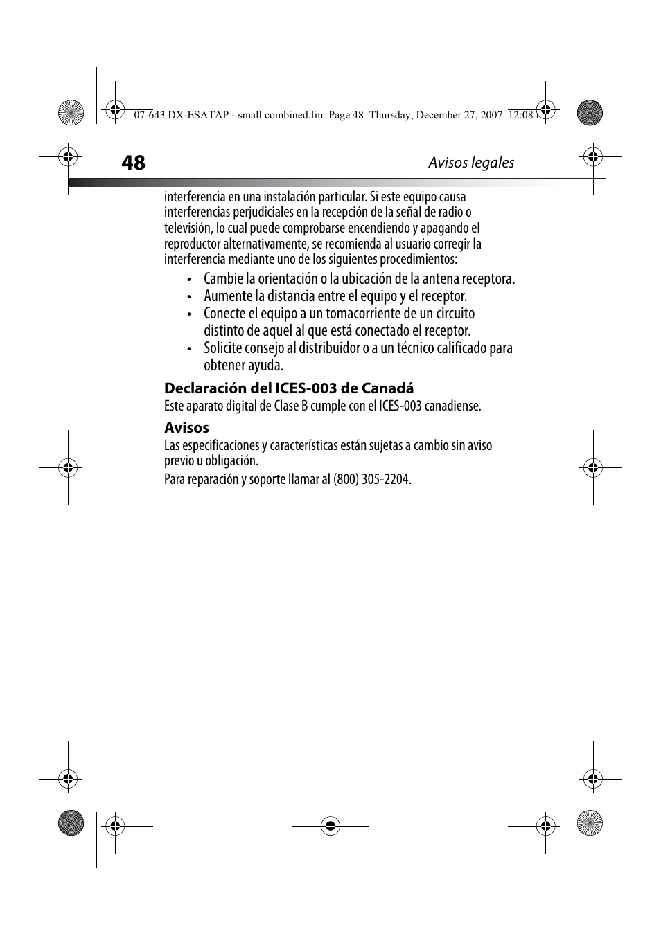 Declaración del ices-003 de canadá, Avisos | Dynex DX-ESATAP User Manual | Page 48 / 52
