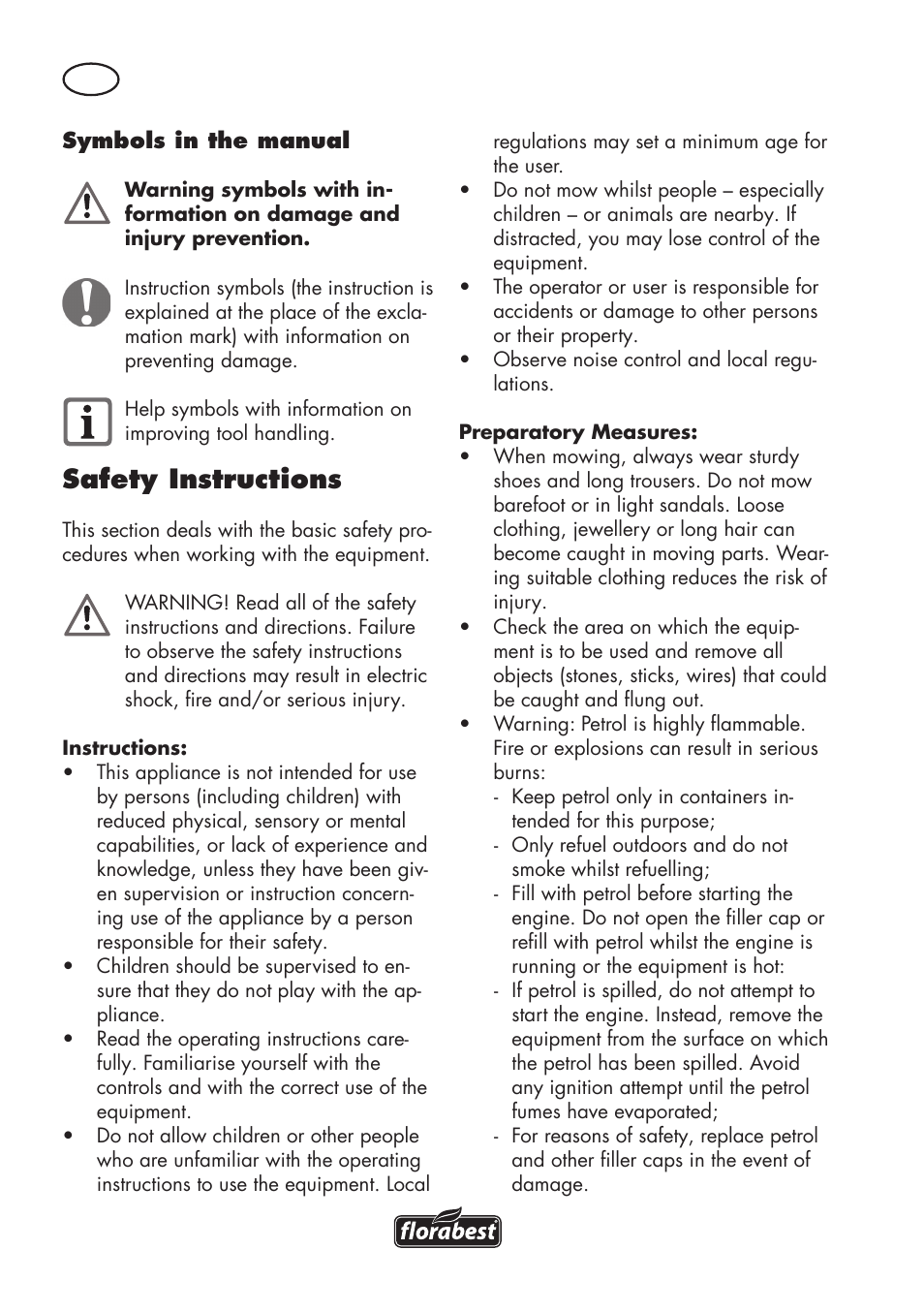 Safety instructions | Florabest FBM 575 B1 User Manual | Page 10 / 112