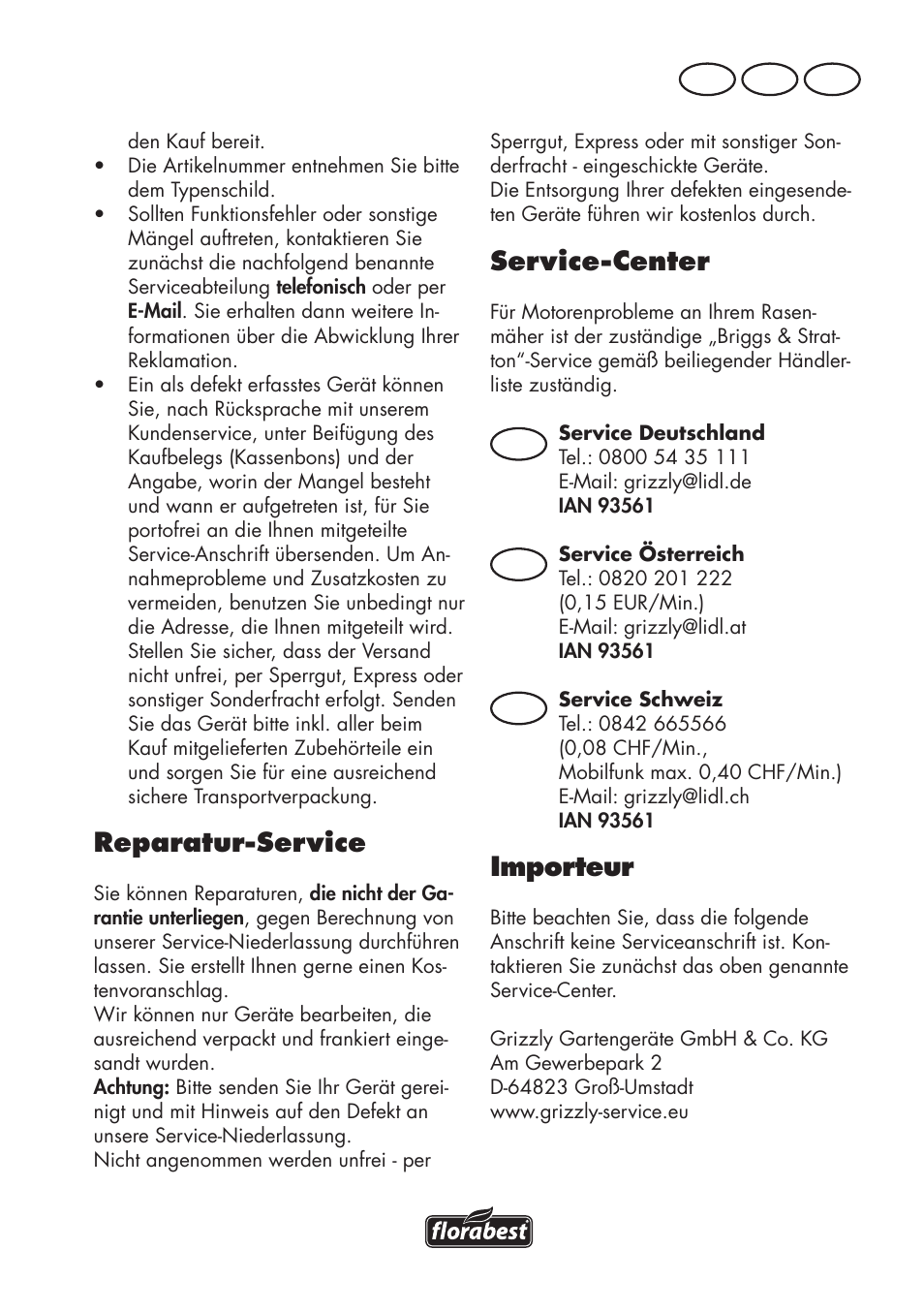 Reparatur-service, Service-center, Importeur | De at ch | Florabest FBM 575 B1 User Manual | Page 105 / 112
