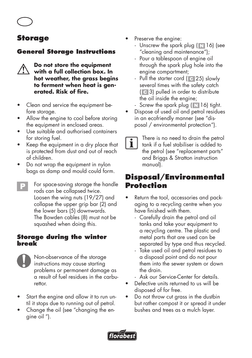 Storage, Disposal/environmental protection | Florabest FBM 575 B1 User Manual | Page 20 / 112
