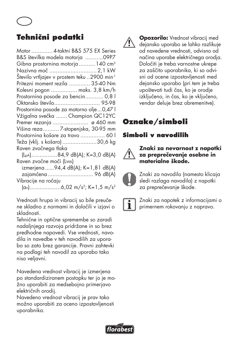 Tehnični podatki, Oznake/simboli | Florabest FBM 575 B1 User Manual | Page 28 / 112