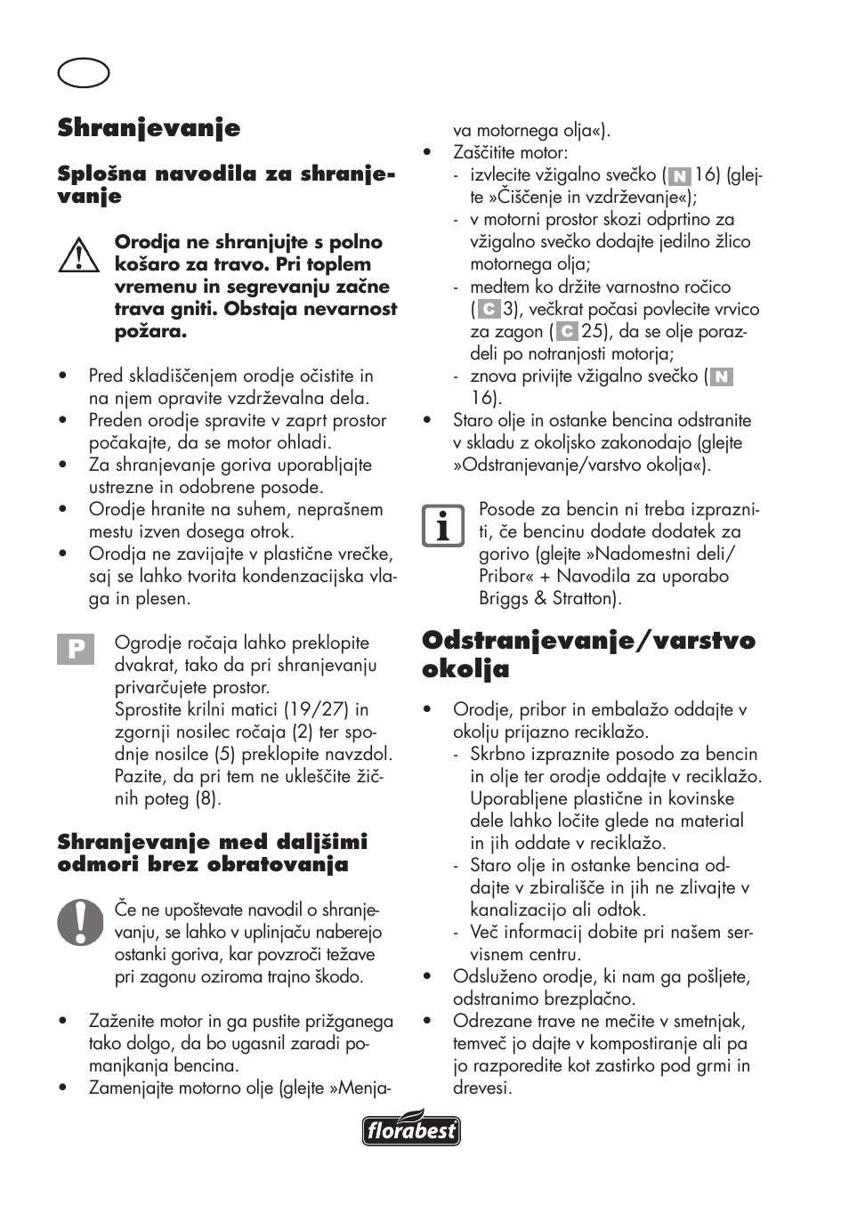 Shranjevanje, Odstranjevanje/varstvo okolja | Florabest FBM 575 B1 User Manual | Page 40 / 112