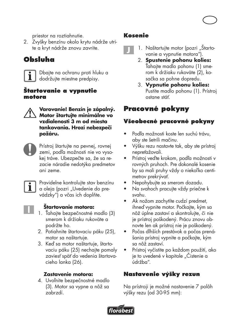 Obsluha, Pracovné pokyny | Florabest FBM 575 B1 User Manual | Page 75 / 112