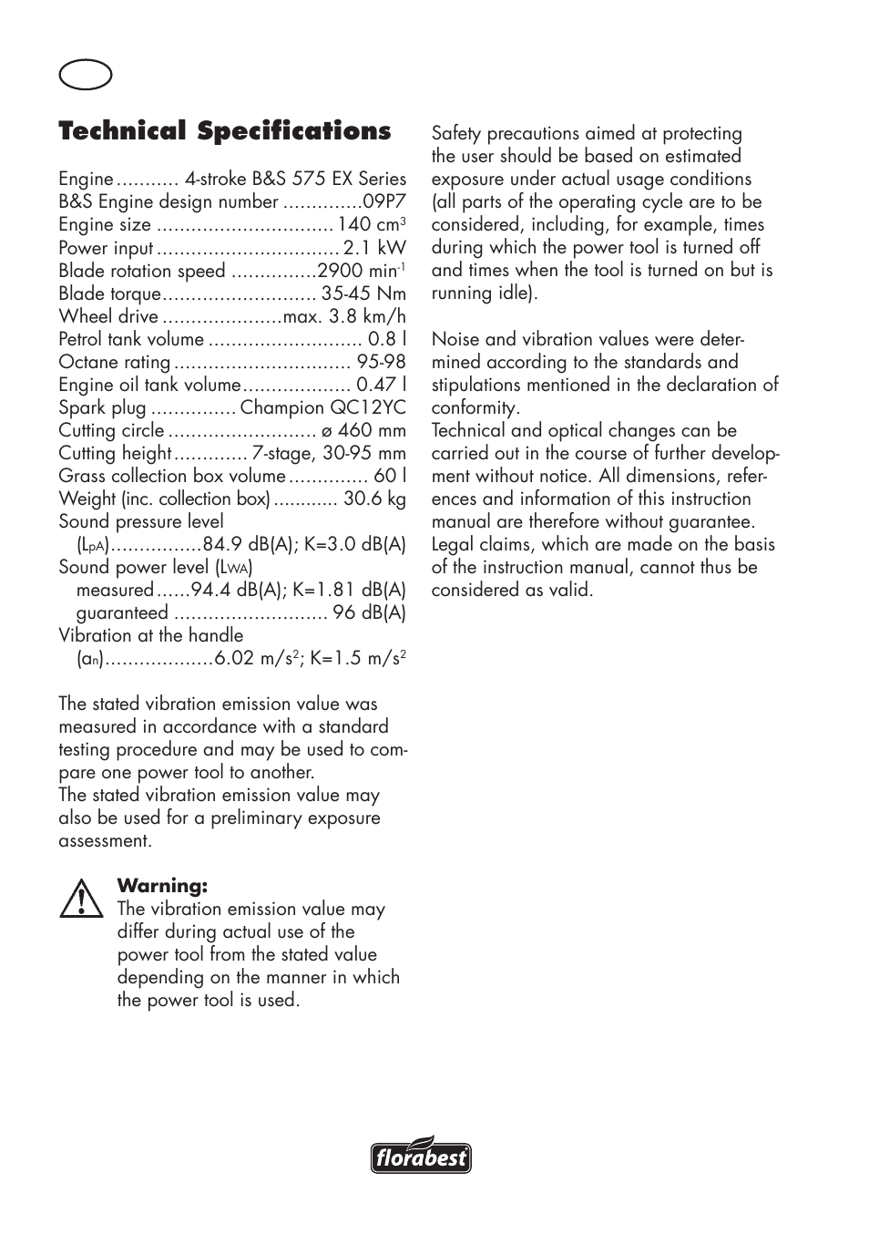 Technical specifications | Florabest FBM 575 B1 User Manual | Page 8 / 112