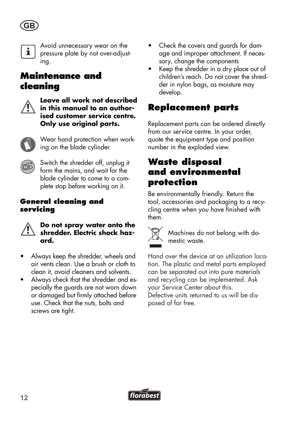 Maintenance and cleaning, Replacement parts, Waste disposal and environmental protection | Florabest FLH 2800 A1 User Manual | Page 12 / 96