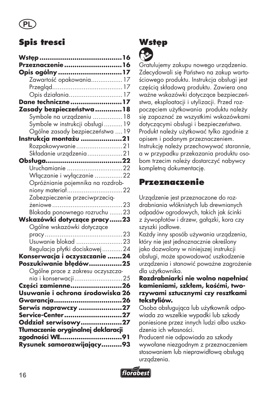 Wstęp, Przeznaczenie, Spis tresci | Florabest FLH 2800 A1 User Manual | Page 16 / 96