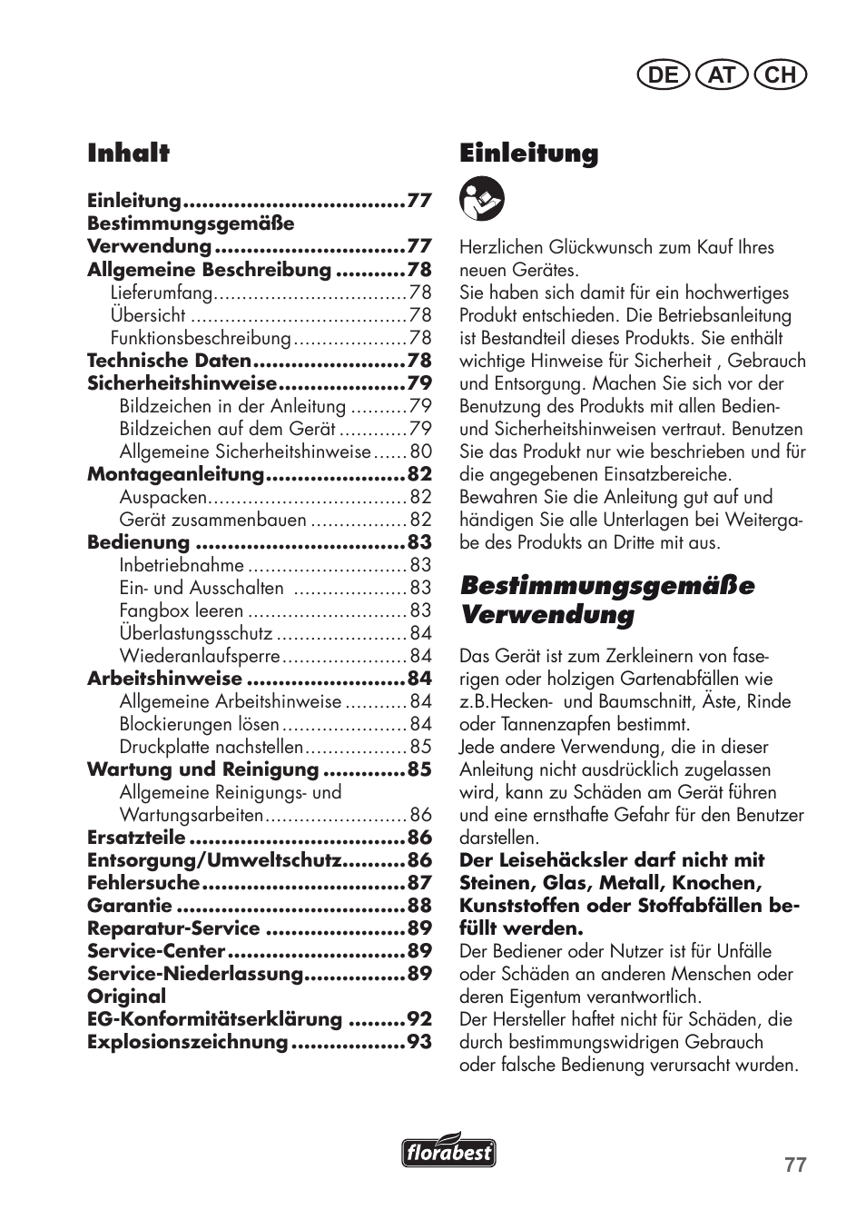 Einleitung, Bestimmungsgemäße verwendung, Inhalt | De at ch | Florabest FLH 2800 A1 User Manual | Page 77 / 96