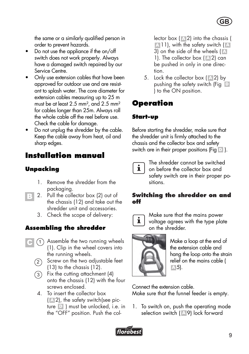 Installation manual, Operation | Florabest FLH 2800 A1 User Manual | Page 9 / 96