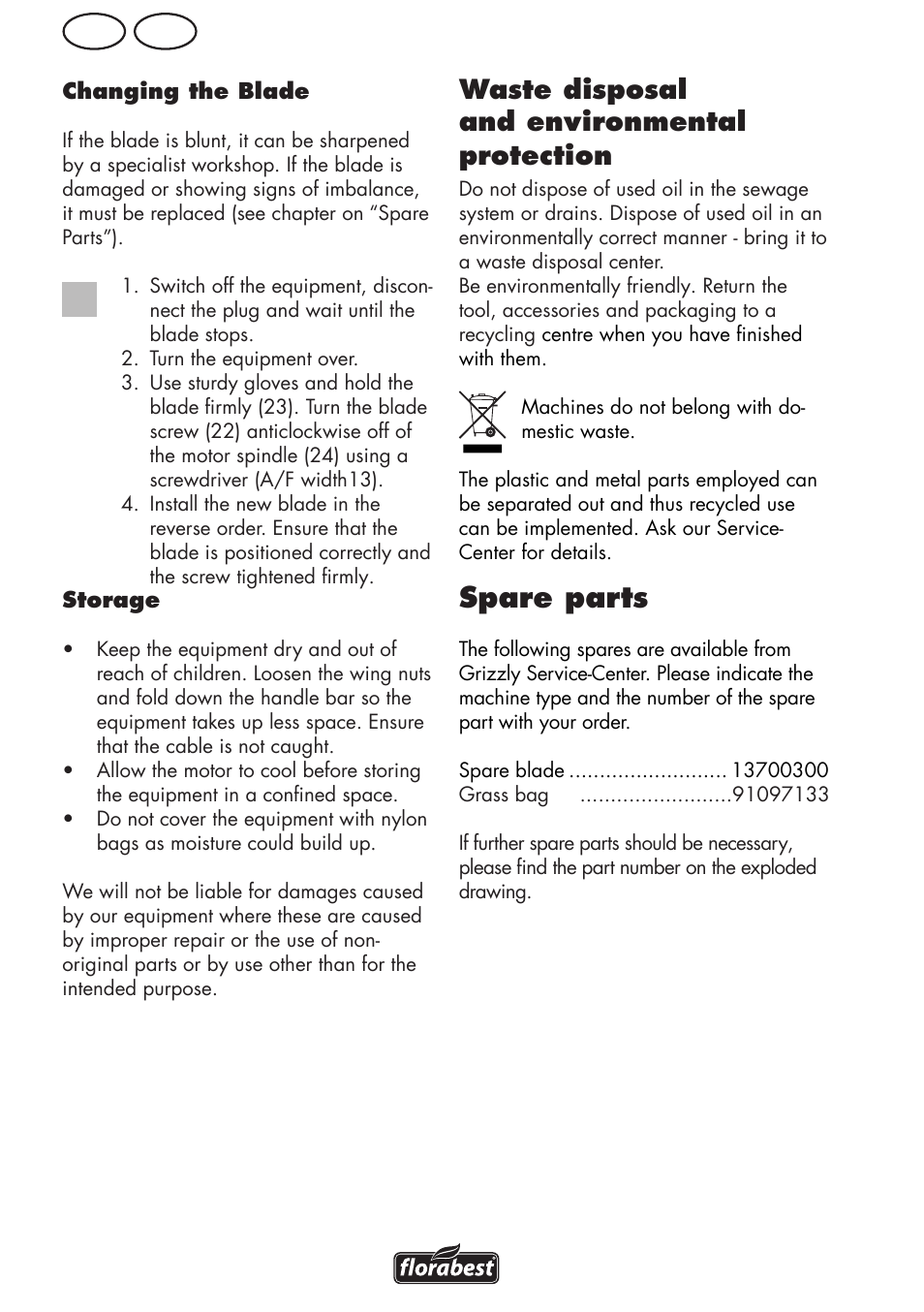 Spare parts, Gb ie, Waste disposal and environmental protection | Florabest FRM 1800 A1 User Manual | Page 14 / 60