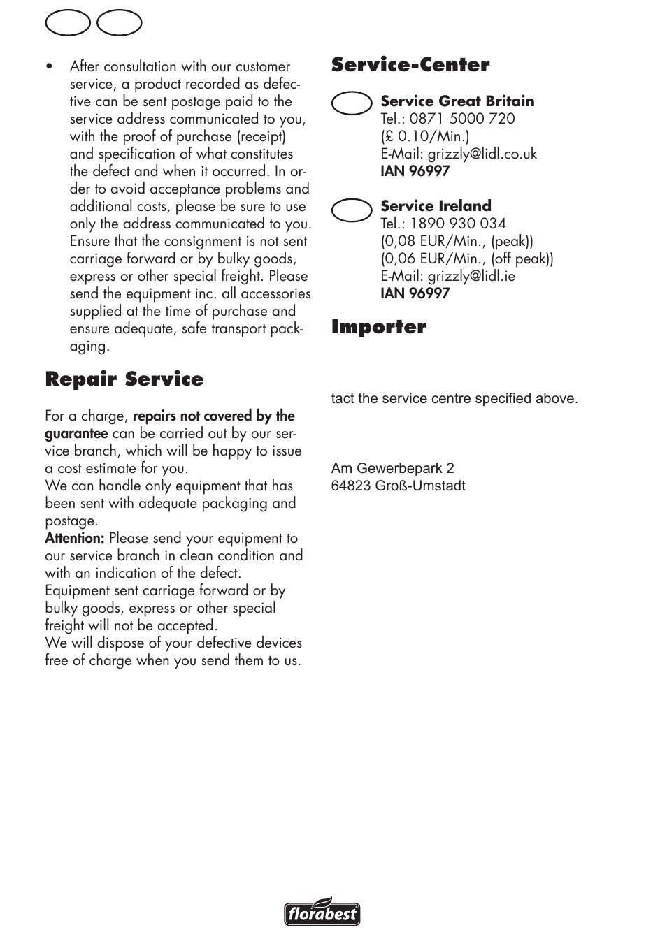 Gb ie, Repair service, Service-center | Importer | Florabest FRM 1800 A1 User Manual | Page 16 / 60
