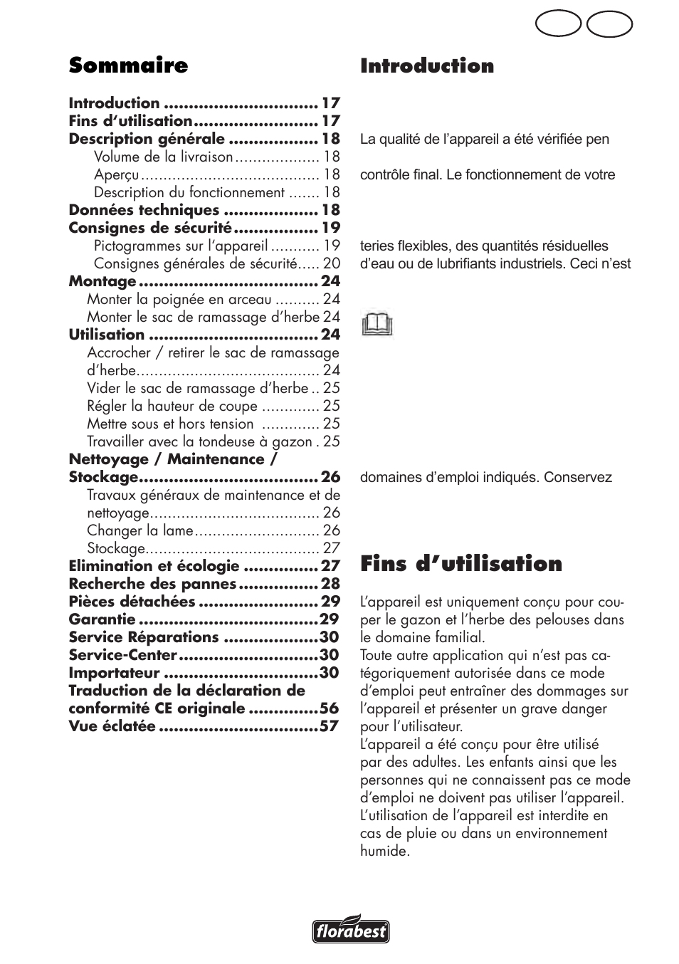 Sommaire, Fins d’utilisation, Be fr | Introduction | Florabest FRM 1800 A1 User Manual | Page 17 / 60