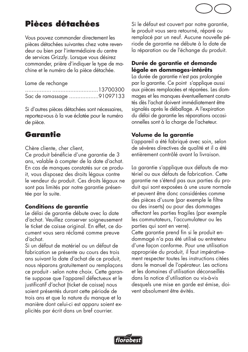 Pièces détachées, Be fr, Garantie | Florabest FRM 1800 A1 User Manual | Page 29 / 60
