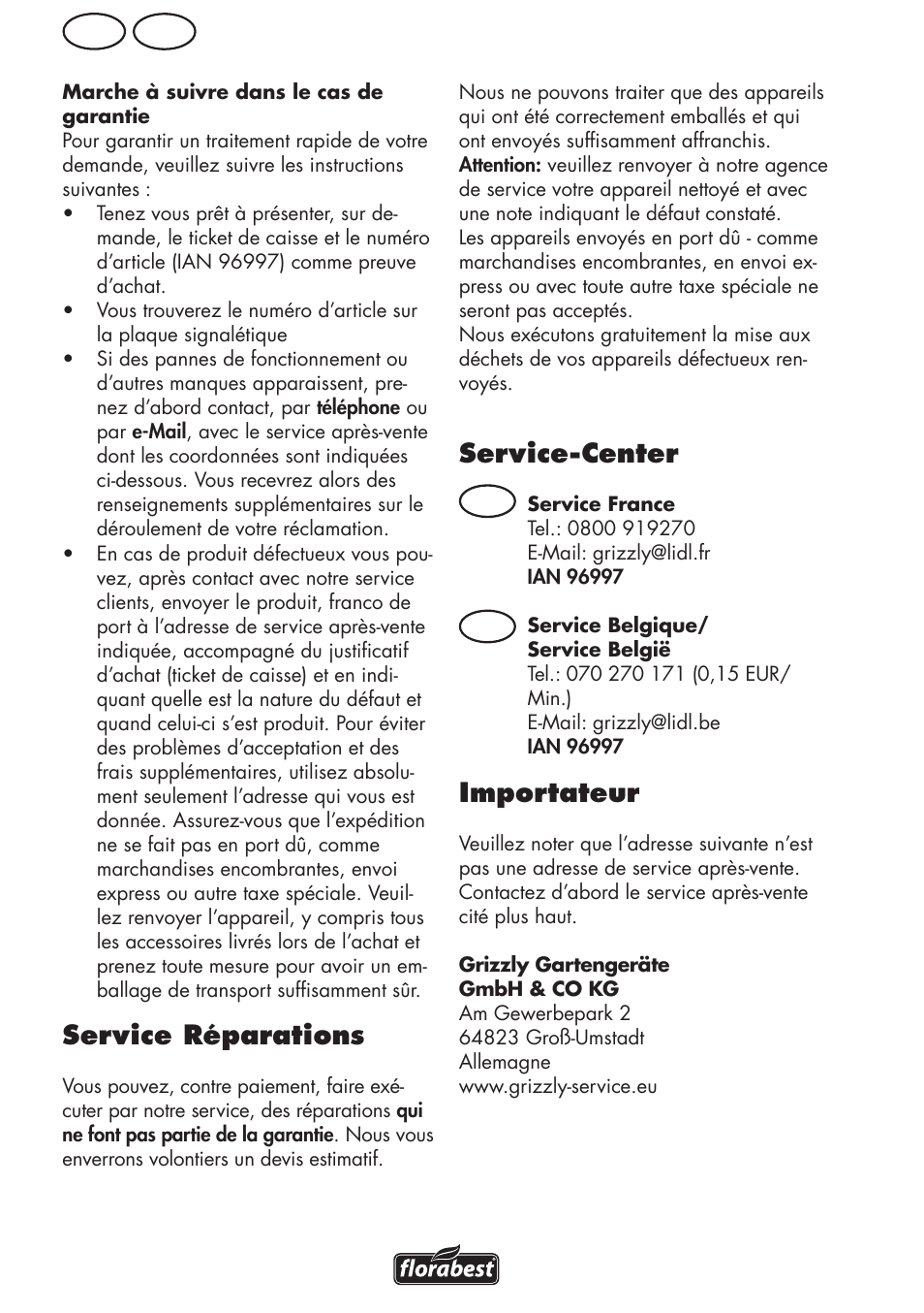 Be fr, Service réparations, Service-center | Importateur, Fr be | Florabest FRM 1800 A1 User Manual | Page 30 / 60