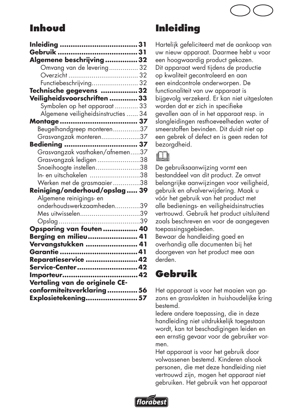 Inhoud, Inleiding, Gebruik | Be nl | Florabest FRM 1800 A1 User Manual | Page 31 / 60