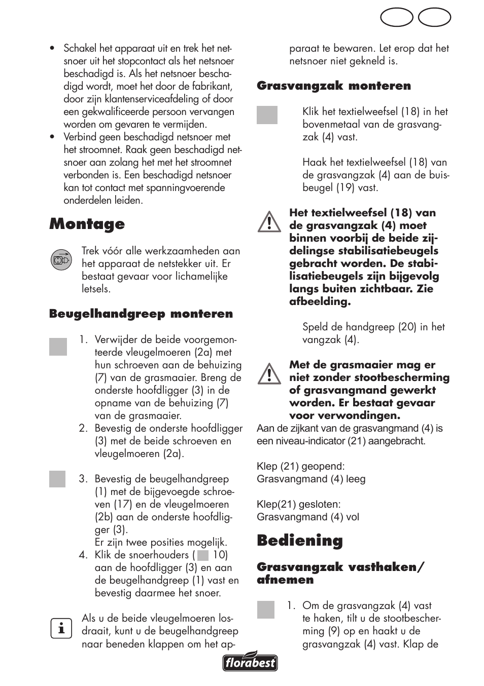 Montage, Bediening, Be nl | Florabest FRM 1800 A1 User Manual | Page 37 / 60