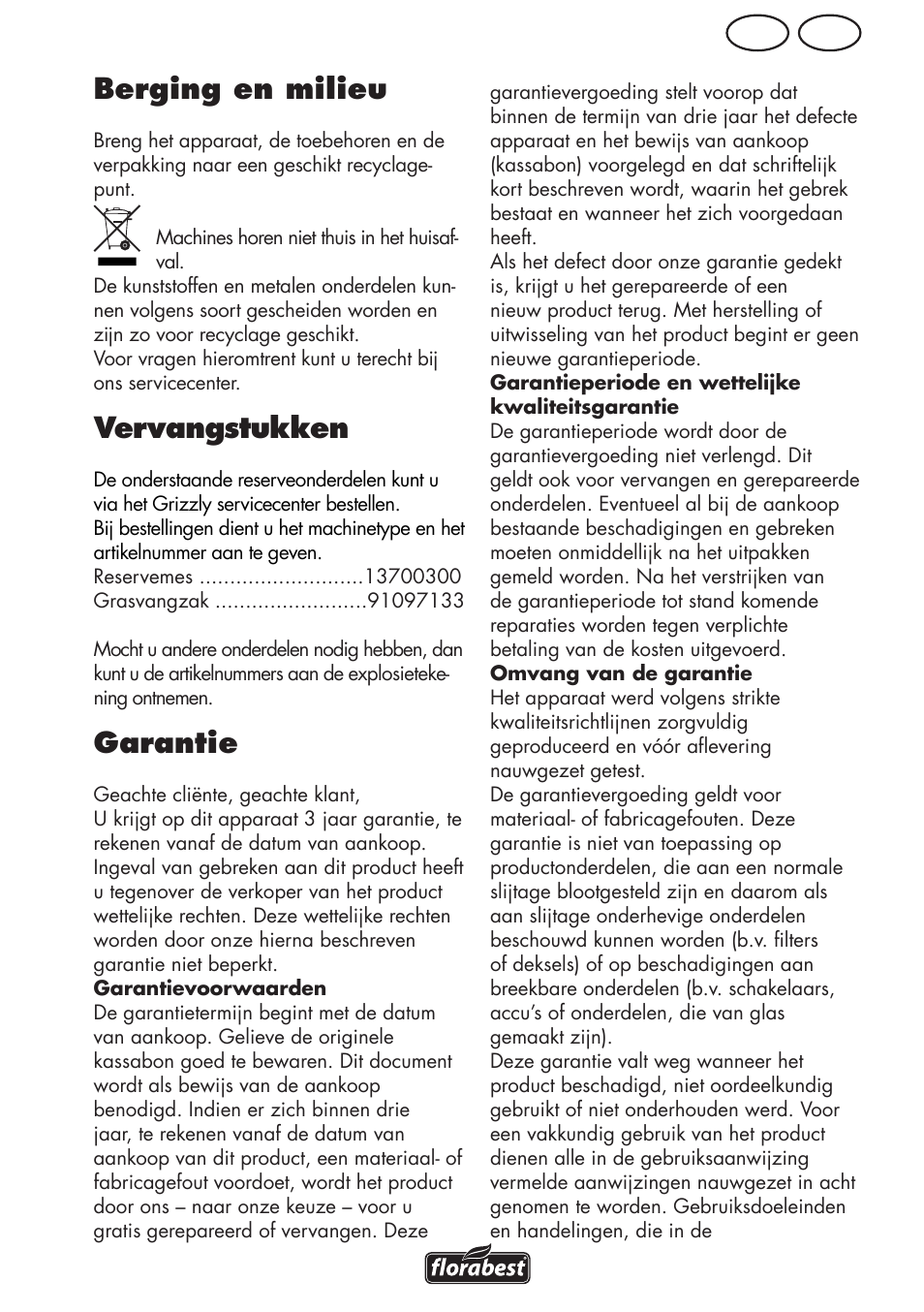 Berging en milieu, Vervangstukken, Garantie | Be nl | Florabest FRM 1800 A1 User Manual | Page 41 / 60