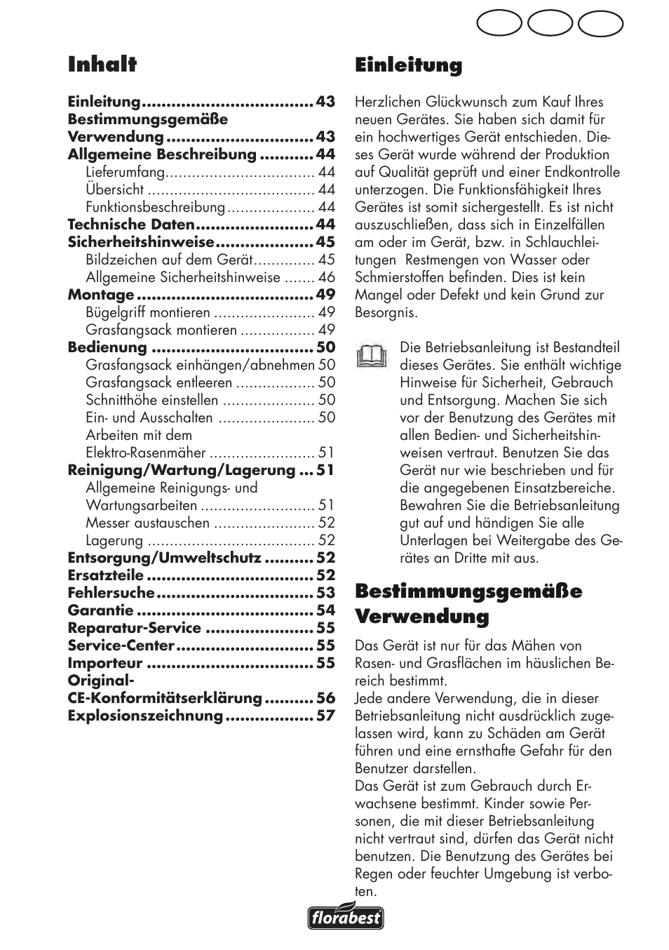 Inhalt, Ch at de einleitung, Bestimmungsgemäße verwendung | Florabest FRM 1800 A1 User Manual | Page 43 / 60