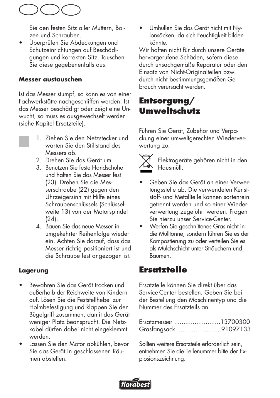 Ch at de, Entsorgung/ umweltschutz, Ersatzteile | Florabest FRM 1800 A1 User Manual | Page 52 / 60