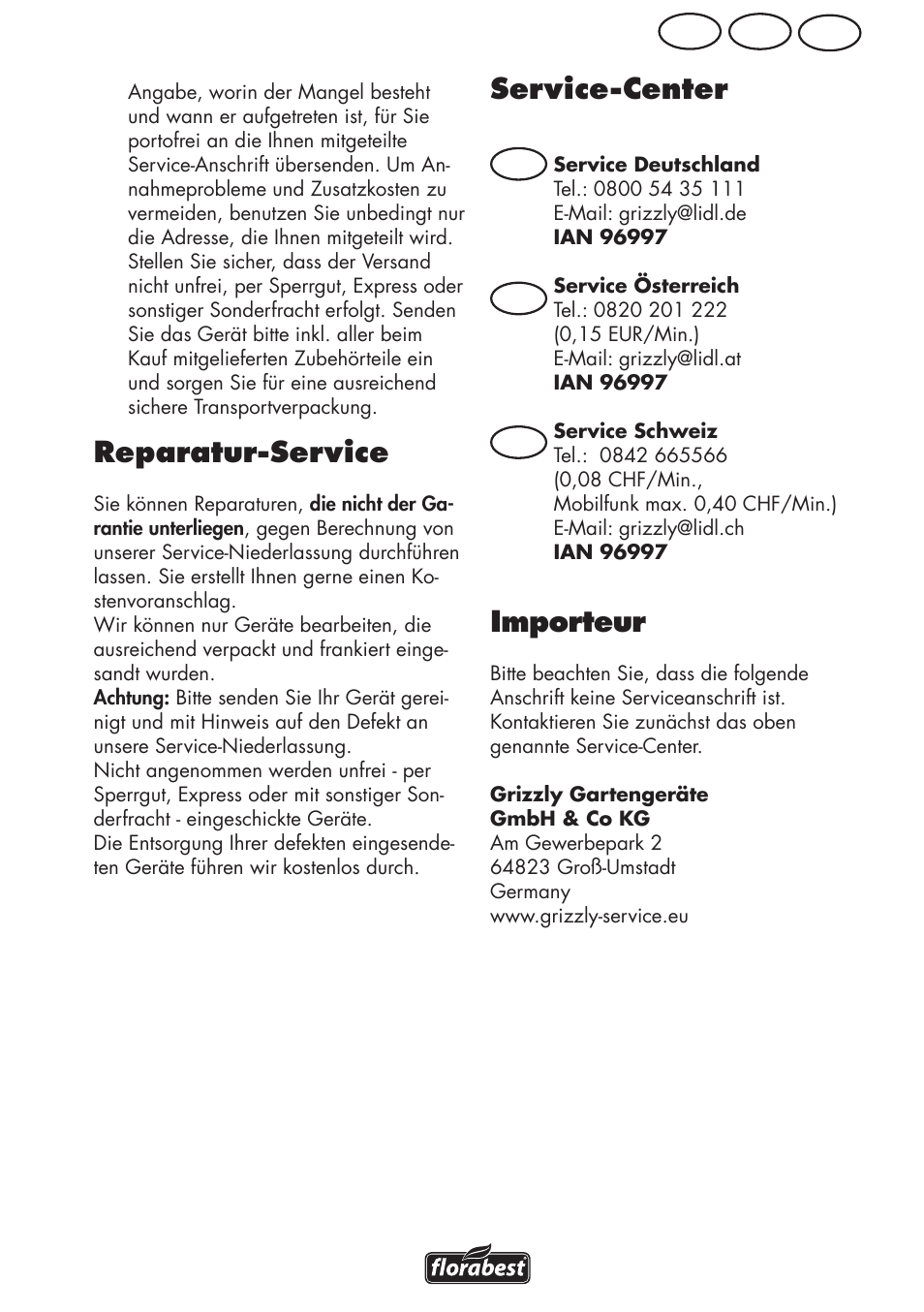 Reparatur-service, Service-center, Importeur | Ch at de, De at ch | Florabest FRM 1800 A1 User Manual | Page 55 / 60