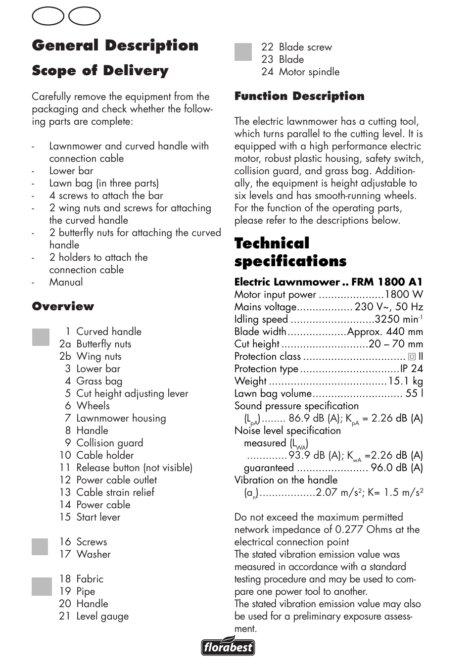 Technical specifications, General description, Gb ie | Scope of delivery | Florabest FRM 1800 A1 User Manual | Page 6 / 60