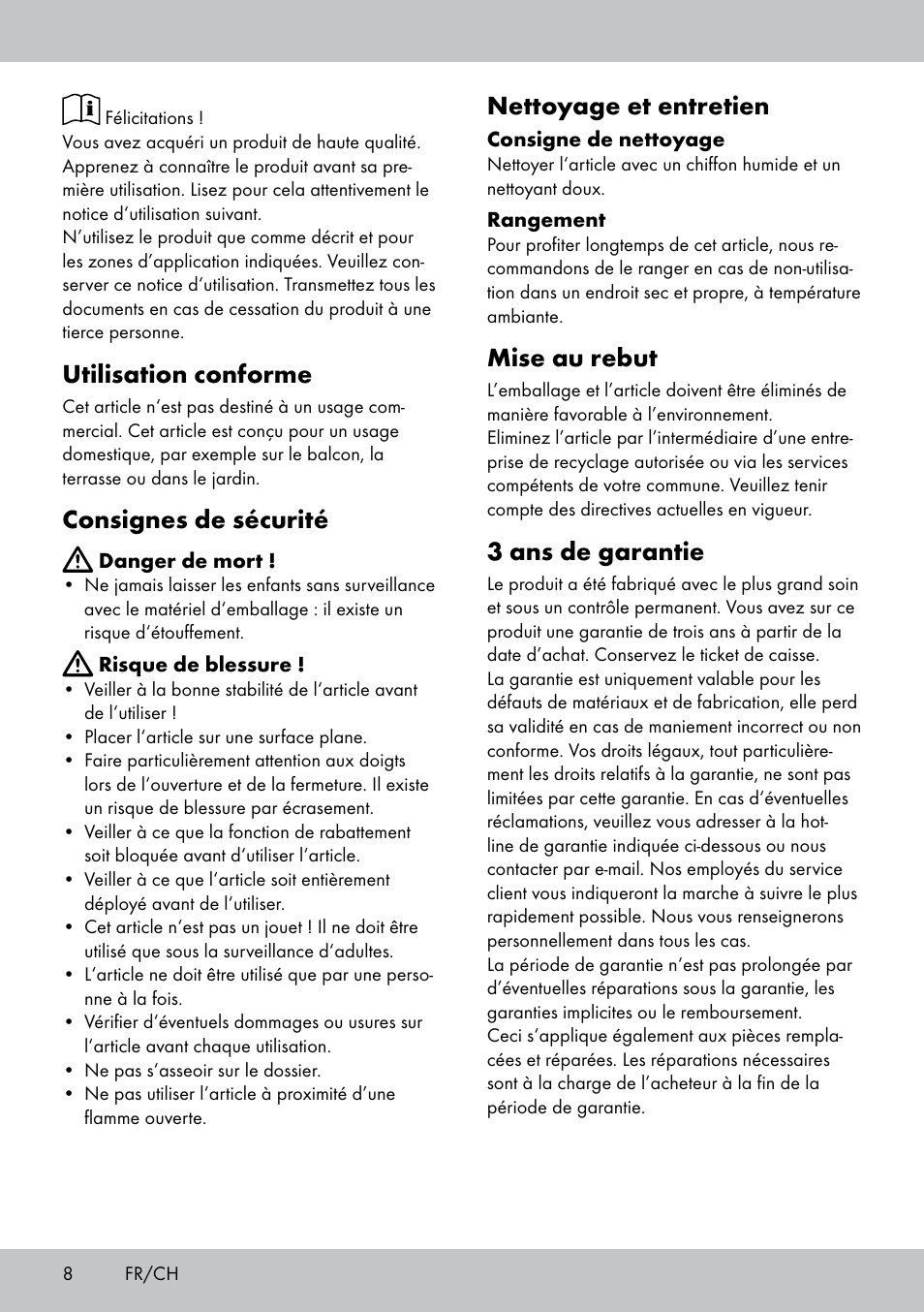 Utilisation conforme, Consignes de sécurité, Nettoyage et entretien | Mise au rebut, 3 ans de garantie | Florabest GK-1591 User Manual | Page 8 / 16