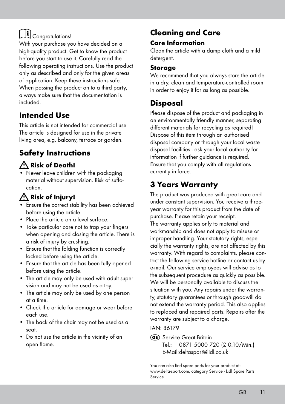 Intended use, Safety instructions, Cleaning and care | Disposal, 3 years warranty | Florabest GK-1591 User Manual | Page 11 / 12
