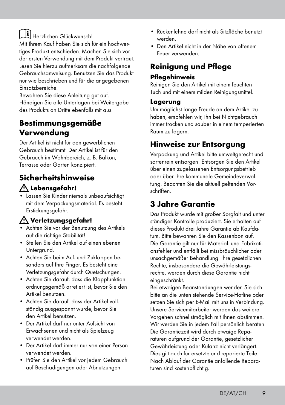 Bestimmungsgemäße verwendung, Sicherheitshinweise, Reinigung und pflege | Hinweise zur entsorgung, 3 jahre garantie | Florabest GK-1591 User Manual | Page 9 / 12
