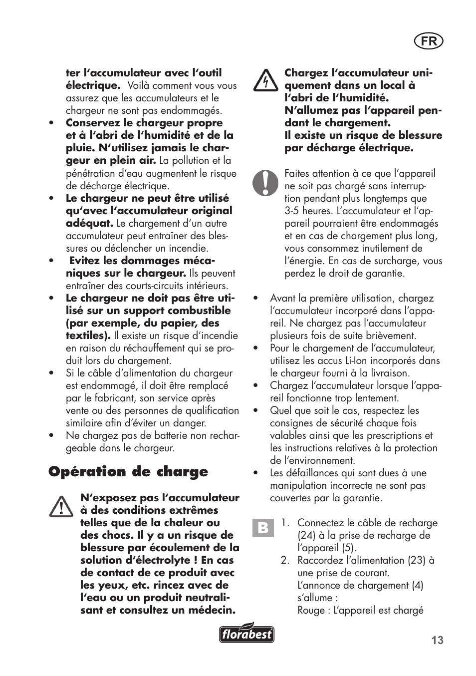 Opération de charge | Florabest FGS 72 A1 User Manual | Page 13 / 58